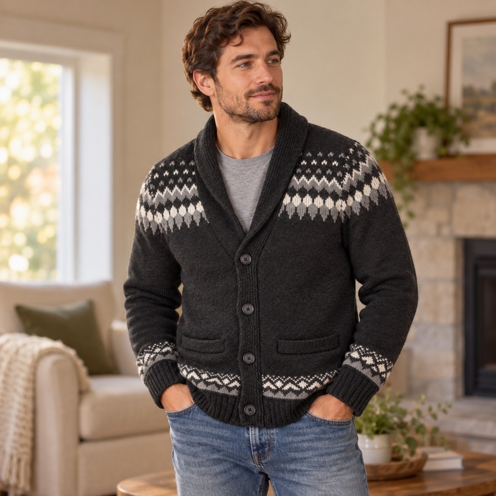 Abercrombie & Fitch Mens M Gray Fair Isle Shawl Collar Cardigan Ski Lodge